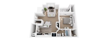 A top-down view of a small apartment layout with a living room, kitchen, and bathroom.