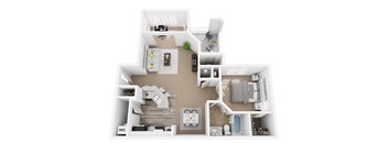A floor plan of a house with a living room, dining room, kitchen, and bathrooms.