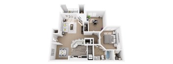 A floor plan of a house with a kitchen, living room, dining room, and bathroom.