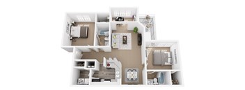 A top-down view of a house layout with multiple rooms and furniture.