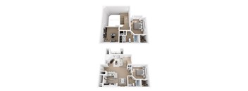 A floor plan of a two-story apartment with a living room, kitchen, and bedrooms.