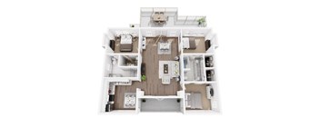 A top-down view of a modern apartment layout.