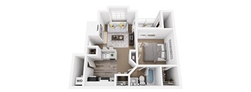 A floor plan of a house with a living room, kitchen, and bathroom.