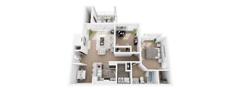 A top-down view of a house layout with a kitchen, living room, dining area, and bedrooms.