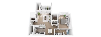 A floor plan of a house with a kitchen, living room, dining room, and bathrooms.