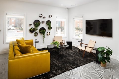 a living room with a yellow couch and a black rug