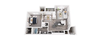 A floor plan of an apartment with a kitchen, living room, and bedrooms.