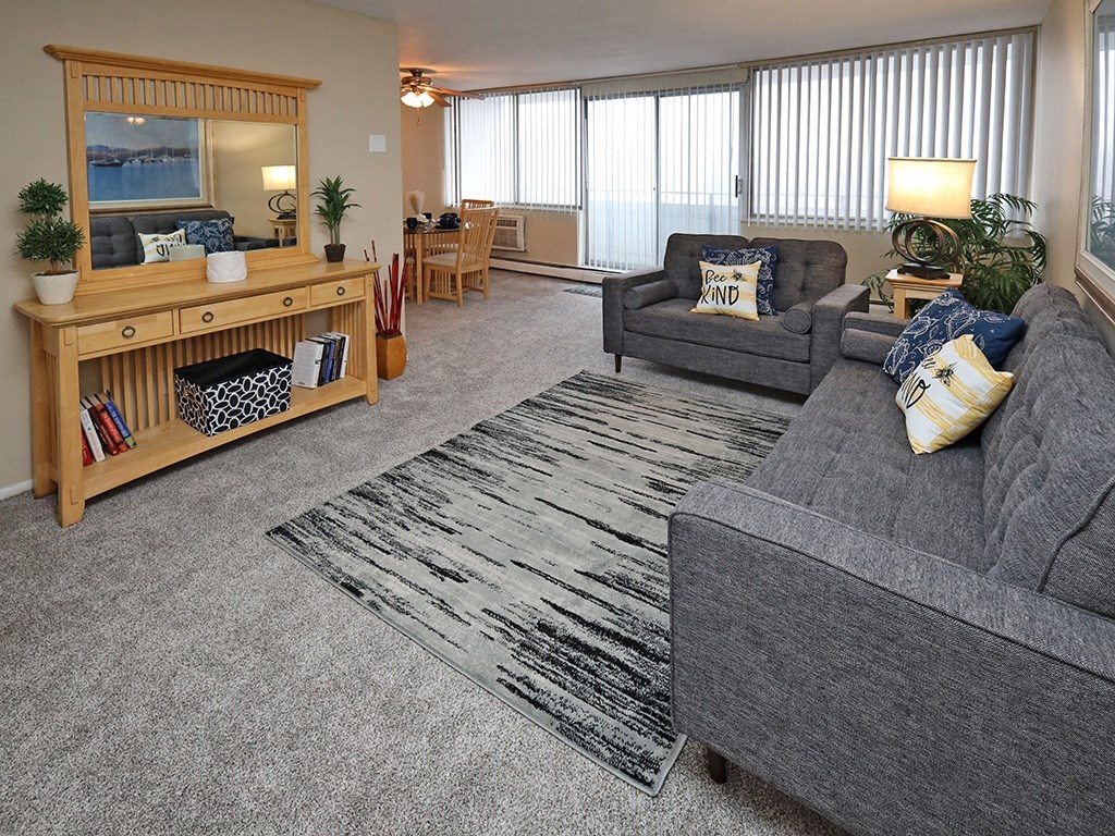 2 Bedroom 2 Bath Model Suite Living Area at Harbor Crest Apartments, Euclid, OH, 44123