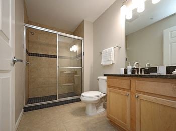 Bathroom With Vanity Lights at The Residences at 668 Apartments, Cleveland, 44114