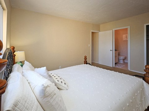 A bedroom with a large bed and a doorway leading to a bathroom.