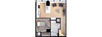 Suite Style A1 - 3D 1 Bedroom 1 bathroom  Floor Plan at Residences at 55, Cleveland, OH, 44113