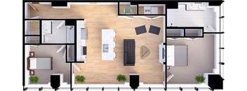 2 bedroom 2 bathroom Suite Style A2 - 3D Floor Planat Residences at 55, Cleveland, Ohio