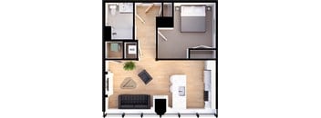 1 Bedroom 1 bathroom  Suite Style B1 - 3D Floor Plan at Residences at 55, Cleveland, 44113