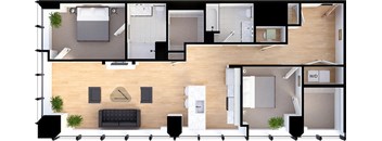 2 bedroom 2 bathroom Suite Style B2 - 3D Floor Plan at Residences at 55, Ohio