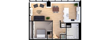 1 Bedroom 1 bathroom  Suite Style C1 - 3D Floor Plan at Residences at 55, Cleveland