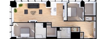 2 bedroom 2 bathroom Suite Style C2 - 3D Floor Plan at Residences at 55, Cleveland, OH, 44113