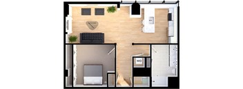1 Bedroom 1 bathroom  Suite Style D1 - 3D Floor Plan at Residences at 55, Ohio, 44113