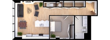 1 Bedroom 1 bathroom  Suite Style E1 - 3D Floor Plan at Residences at 55, Cleveland, OH
