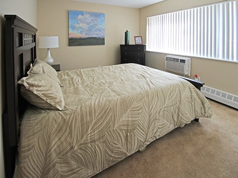 a bedroom with a large bed and a window