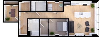 1 bedroom 1.5 bathroom Suite Style J1 - 3D Floor Plan at Residences at 55, Ohio, 44113