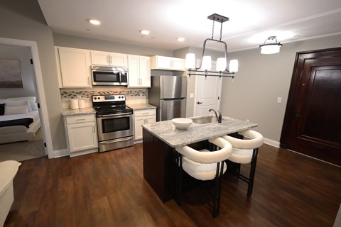 Kitchen with Island at Residences at Leader, Cleveland, OH, 44114
