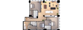 3 bedroom 3 bathroom Penthouse Suite Style PH-D - 3D Floor Planat Residences at 55, Cleveland, Ohio