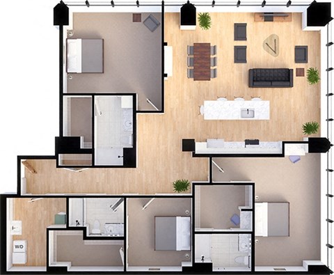 3 bedroom 3 bathroom Penthouse Suite Style PH-D - 3D Floor Planat Residences at 55, Cleveland, Ohio