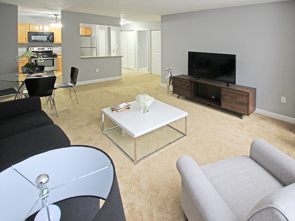 P2 Upgraded Model Living Room with New Carpet and Paint, at Reserve Square, Cleveland, OH