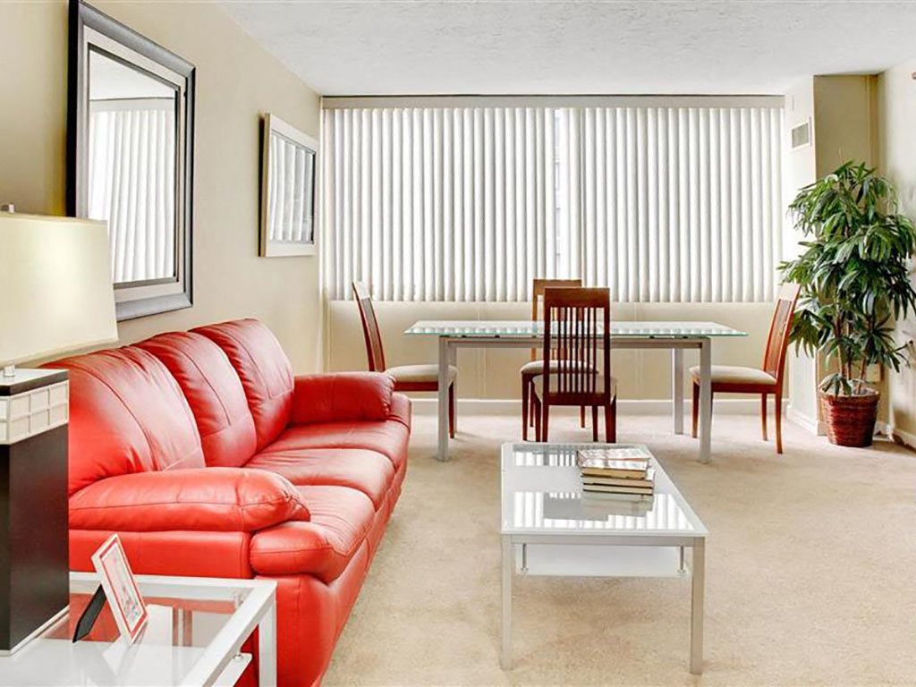 P1 Standard Model Living Room with Vertical Blinds, at Reserve Square, Ohio, 44114