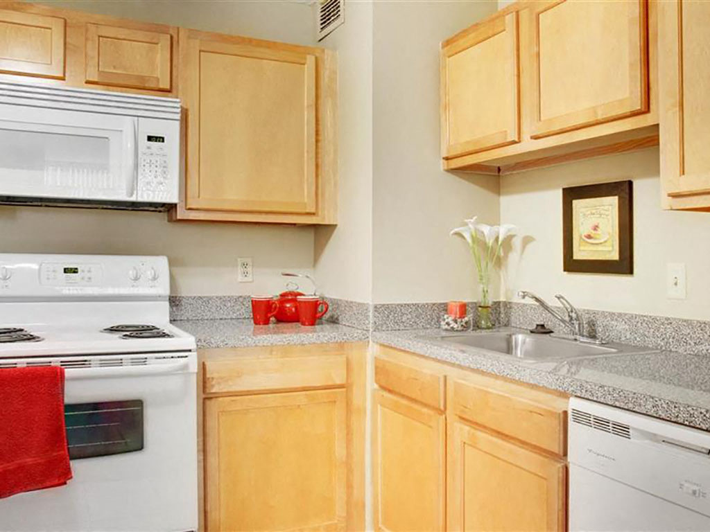 P1 Standard Model Kitchen with White Appliances, at Reserve Square, Cleveland, OH