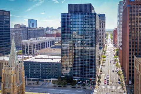 Downtown skyline view with modern high rise buildings at Residences at 1717 Apartments, Ohio