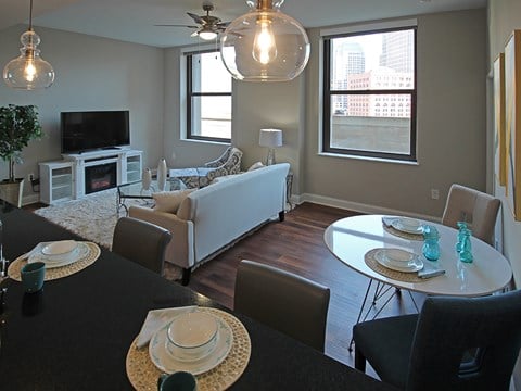 Living Room With Dining Area at The Terminal Tower Residences Apartments, Cleveland, 44113