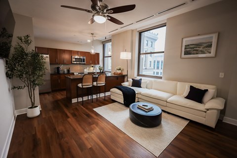 Living Room with Ceiling Fan at The Terminal Tower Residences Apartments, Ohio, 44113