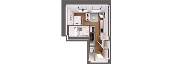 A top-down view of a small, modern apartment with a kitchen, living room, and bathroom.