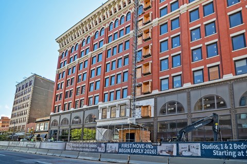 Historic brick under renovation construction at The Electric Building Apartments, Cleveland