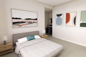 A bedroom with a large bed and a painting on the wall.