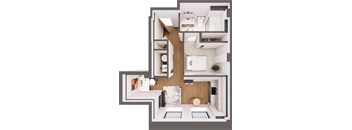 A modern, white and wood interior design of a house with a kitchen, living room, and bedroom.