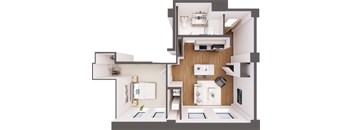 A 3D floor plan of a small apartment with a kitchen, living room, and bathroom.