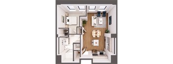 A modern, white-walled apartment with a kitchen, living room, and bathroom.