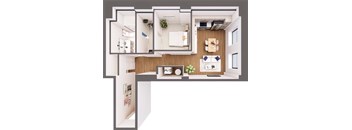 A top down view of a modern apartment with a kitchen, living room and two bedrooms.