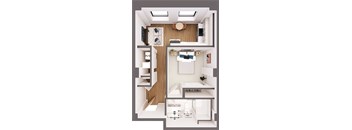 A modern bathroom with a skylight and a wooden vanity.