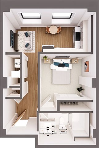 A modern bathroom with a skylight and a wooden vanity.