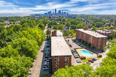 A view of a city skyline from a high vantage point.