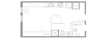 A floor plan of a room with a storage area and a maintenance closet.