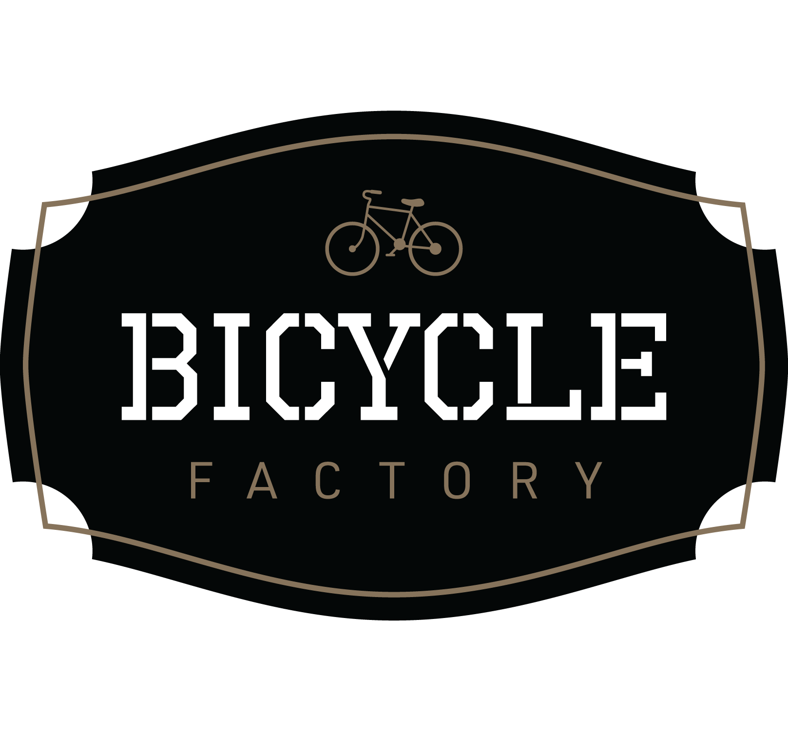 A logo for a bicycle factory with a bicycle icon above the text.