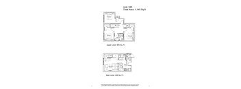 A floor plan for a two-story residential unit with a living area, bedrooms, and bathrooms.