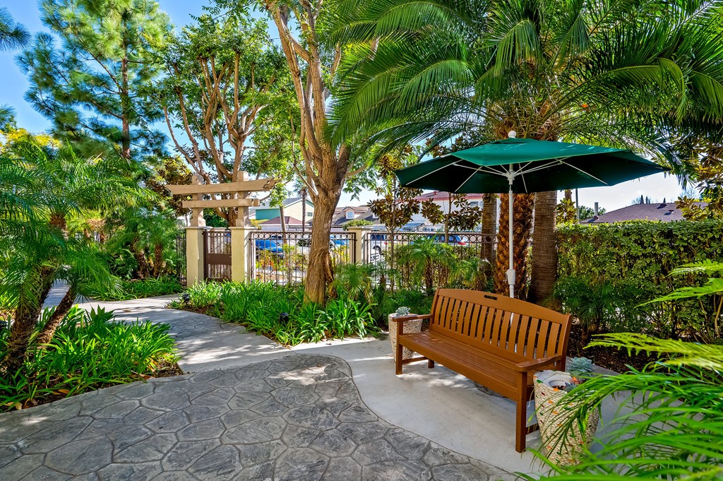 a bench with an umbrella in a garden