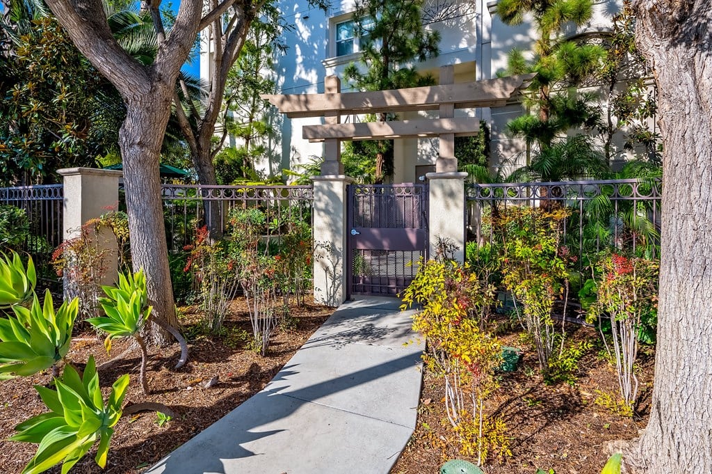 a walkway through a garden with trees and plants