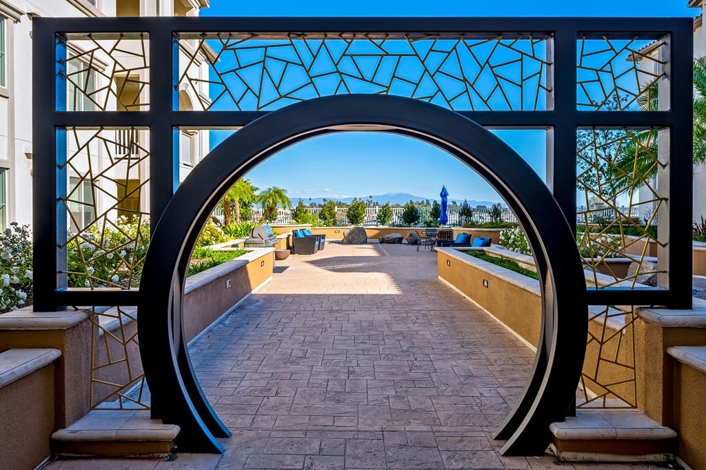 a view of the patio from inside the building