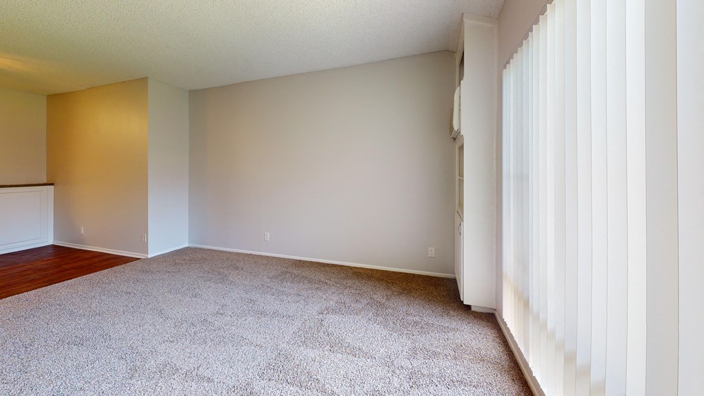 an empty living room with white curtains and carpet